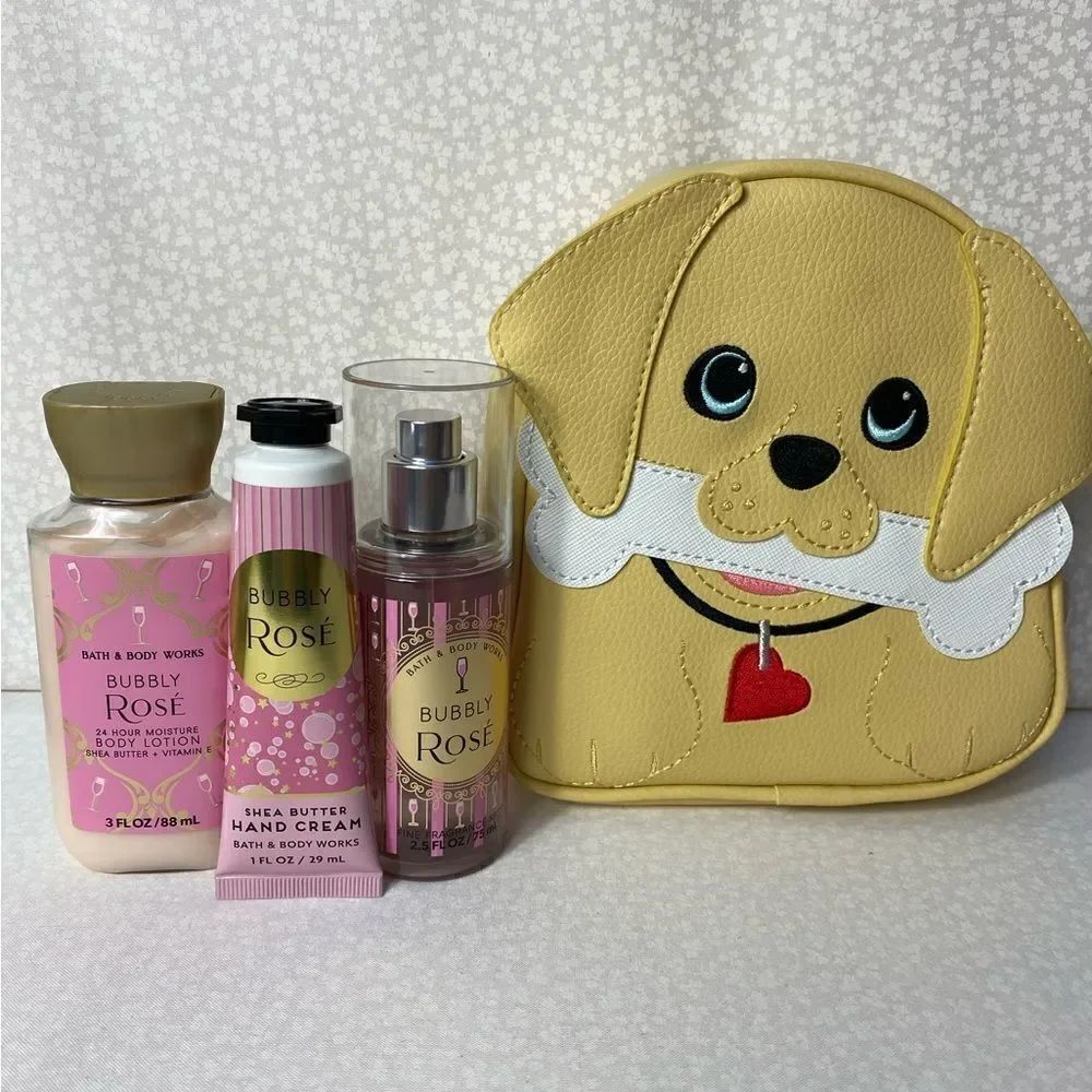 Bath and Body Works Doggie Cosmetic Bag and BUBBLY ROSE Travel Size 4 Piece Set